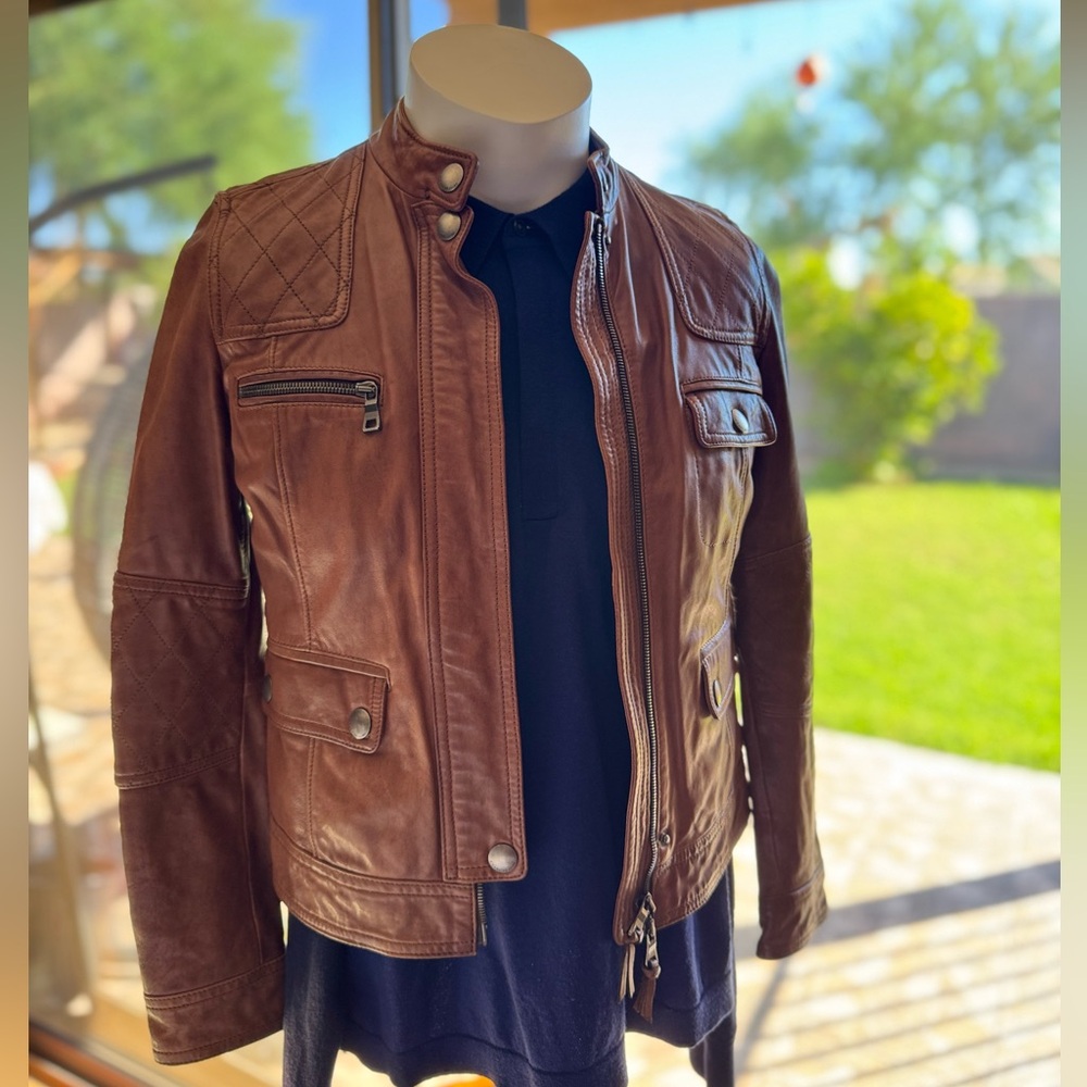 Vintage Coach Trucker Moto Jacket Women XS/S Cognac Leather Band Collar Lined